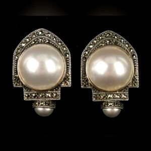 Vintage Judith Jack Marcasite Pearl Art Deco Earrings